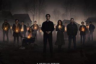 The characters of Midnight Mass facing the camera in various casual positions against an eerie background, most holding lit candles, with the exception of main characters Riley Flynn and Father Paul in the foreground.