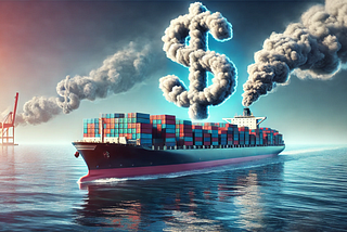 ChatGPT generated panoramic image of a container ship with dollar signs coming out of its funnel