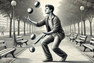 A detailed black-and-white drawing of a person juggling four balls at a park