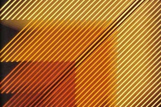 Graphic illustration with tiered layers of red, orange and yellow lines in the form of an arrow pointing up and to the right