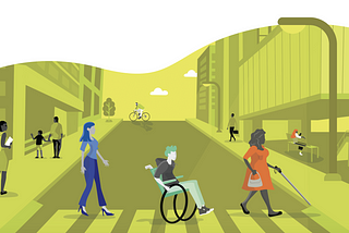An illustration of people with different mobility abilities navigating in the city