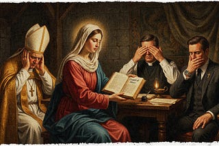 Mary Magdeline proposes her own gospel to disapproving clerics who pretend to see, hear, and speak no evil.