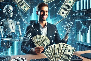 A man sitting at a desk surrounded by computer screens filled with AI models and data, with digital dollar symbols floating in the air. Money