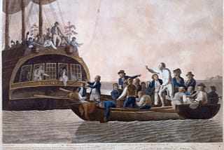 Fletcher Christian and the mutineers sent Lieutenant William Bligh and 18 others adrift; 1790 painting by Robert Dodd.