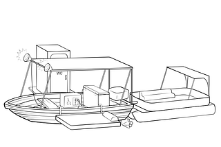 A small wooden boat with a portable battery and chest fridge inside it and a tent style shade on top of it and a larger motor and a toilet attached to the side and a pontoon attached to the back that can hold more people and a bed on the side of the boat