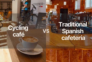 2 pictures with cup of coffee on a bar comparing the design of a cycling café and a traditional Spanish bar