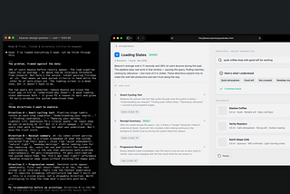 Diagram of my AI-assisted design workflow showing how project context informs conversations with AI and its outputs. Left side of the image shows my conversation with Claude Code, right side shows a browser window with data-informed prototypes that Claude Code built