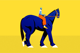 Banner image — illustration of light blue person with orange trousers, sitting over a blue horse and plane yellow background