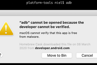 Launch `adb`, installed by Homebrew, on MacOS