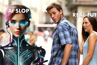 A young man walking with his girlfriend turns to admire an AI-generated female cyborg from the future. His girlfriend looks annoyed. Parody of the popular “distracted boyfriend” meme.