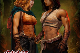 Colorful digital painting of two fantasy women travelers, a blonde with a cloak and pack and a muscular brunette. Background is a hazy cave.