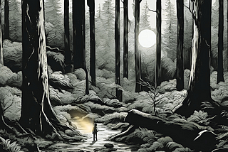 A person lost in the woods with a flashlight.
