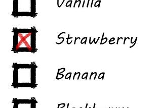 An election with four candidates: Vanilla, Strawberry, Banana, Blackberry. Strawberry is checked.