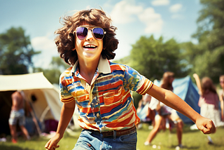 A young boy with sunglasses and long hair dances at camp