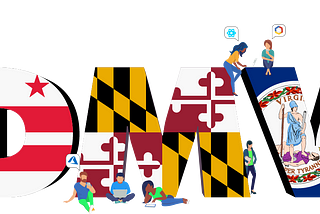 Graphic of the letters DMV with the flags of the DC, Maryland, and Virginia inset with small character people discussing tech