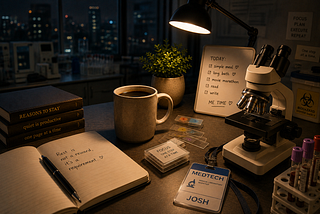A cozy desk scene with coffee and healthcare elements symbolizing rest, reflection, and life outside duty of a medical laboratory scientist