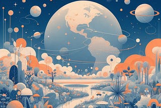A picture of a forest with many planets showing on the background