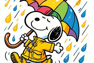 Cartoon character Snoopy holding a multi-colored umbrella, dancing in the rain