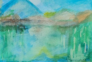 a silent evening landscape (watercolor on watercolor paper) in predominant hues of green and blue