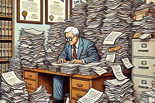 Cartoon of an older white male lawyer with white hair and glasses, overwhelmed by a large pile of paperwork at his cluttered desk. The office is disorganized, with papers and files scattered on the floor and shelves. Several framed legal diplomas hang on the wall behind him.