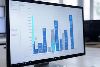 A computer monitor displays dynamic charts with bar graphs in shades of blue and teal, illustrating a decline in website traffic. The charts are part of an analysis for “Website Traffic Down? 10 Reasons Why & How to Fix It in 2025,” set in a modern office environment with a blurred background of windows and desks