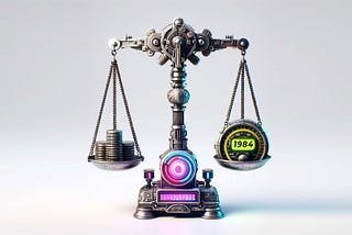 A cyberpunk-themed old-school scale, perfectly balanced set against a plain white background. The left side is weighed with old coins, the right side with a stopwatch in neon displaying the year “1984”.