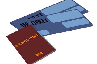 Image shows a drawing of a dark red passport and blue flight tickets.