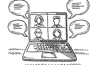 A line drawing of four faces on a computer screen, representative of a conference call