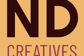 Simple logo that simply reads “ND CREATIVES” in dark and light purple letters with a very light orangey beige background.