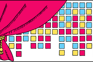 An OOUX object map is partially hidden behind a drawn pink curtain.