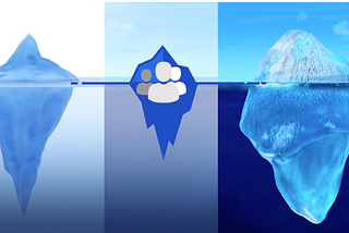 Photos of two icebergs to the right and left of the image. In the middle, a drawing of a smaller iceberg with icons representing people superimposed on it.
