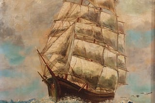 Vintage painting of a tall ship in the ocean.