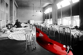 A black and white photo of an old hospital ward. A bright red river of blood courses between the beds. Dancing in the blood is Monopoly’s ‘Rich Uncle Pennybags.’ He has removed his face to reveal a grinning skull.