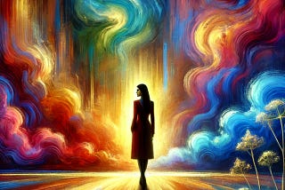 Colourful AI image with a woman showing walking alone to depict emotional independence