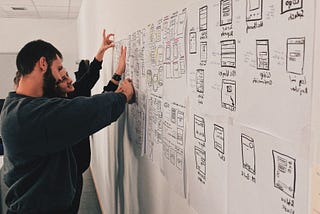 A group of people wireframing on whiteboard stuck to wall