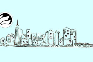 A line drawing of the New York City skyline on a blue background with the NYU Local logo as the windows and the sun