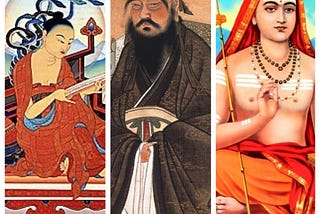 From left to right: Nagarjuna, Confucius and Adi Shankara