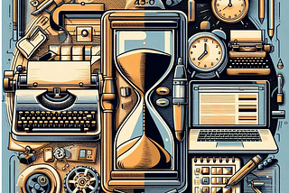 Create an image showing a blend of old-school and modern blogging elements. On one side, depict vintage blogging tools like a typewriter or classic paper and pen. On the other side, shows modern elements like a computer with AI symbols and digital content. In the center, illustrate a clock or hourglass to symbolize the concept of time as the ultimate master. The overall look should convey the evolution of blogging and the importance of balancing traditional creativity with modern efficiency.