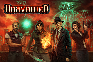 The poster image for the game Unavowed. A line up of four people with magic and weapons in front of a New York skyline.