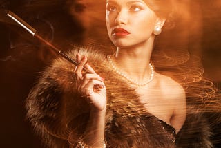 A glamorous woman in vintage attire holds a cigarette holder, exuding elegance against a warm, swirling background.