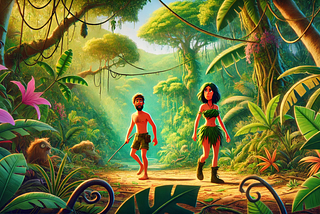 Two “Naked and Afraid” contestants walking through the jungle in cartoon style