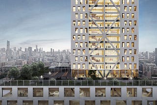 Architectural rendering shows the exterior of a tall timber building. A city skyline is in the background.