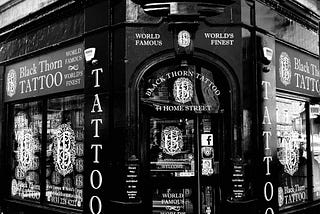 Black and white photo of the Black Thorn Tattoo shop in Edinburgh