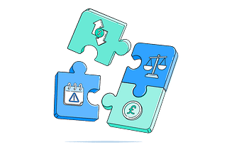 An illustration of a jigsaw puzzle with four pieces — each piece has a symbol relating to finance.