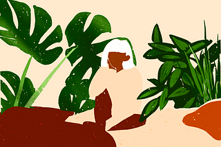 Illustration of girl sitting on a bed, surrounded by plants