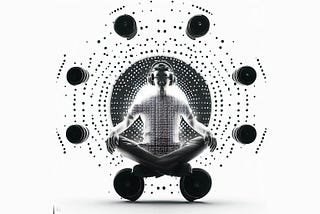 A balck-and-white AI-generated image of a man sitting inside an abstract sphere of speakers and sound sources