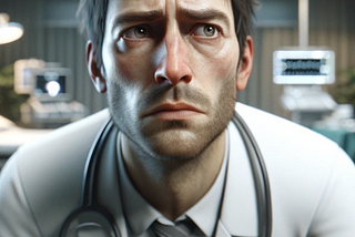 Dishevelled male physician looking anxious