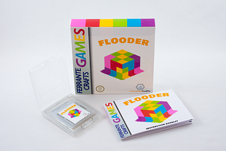 The game box, manual and cartridge of my game Flooder.