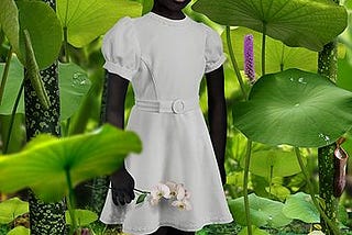 Digitalized photo of an innocent Black little girl standing in a whimsical forest of water lilies. Photo by artist Ruud van Empel.