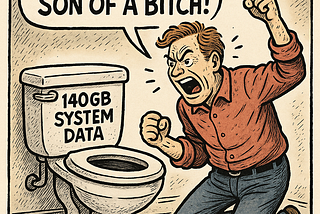 A hand-drawn political cartoon of a man kneeling in front of a toilet labeled “140GB SYSTEM DATA.” He’s red-faced, yelling with clenched fists raised, and a large speech bubble above him says: “FINALLY, YOU SON OF A BITCH!” The style is vintage editorial cartooning with bold black outlines and muted colors, satirizing the struggle of clearing Mac storage.